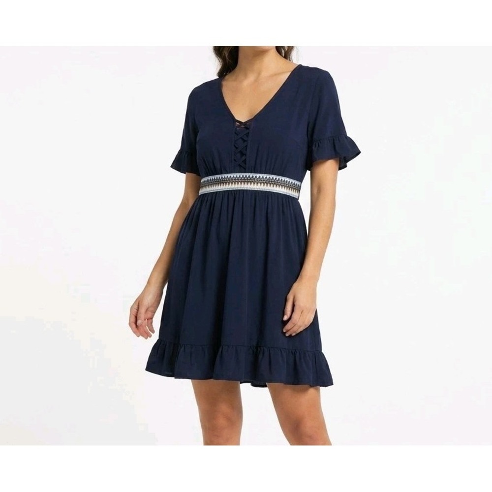 BMJL Navy Laced V-neck Dress‎ with Embroidered Waist Ruffled Hem Short Sleeve M